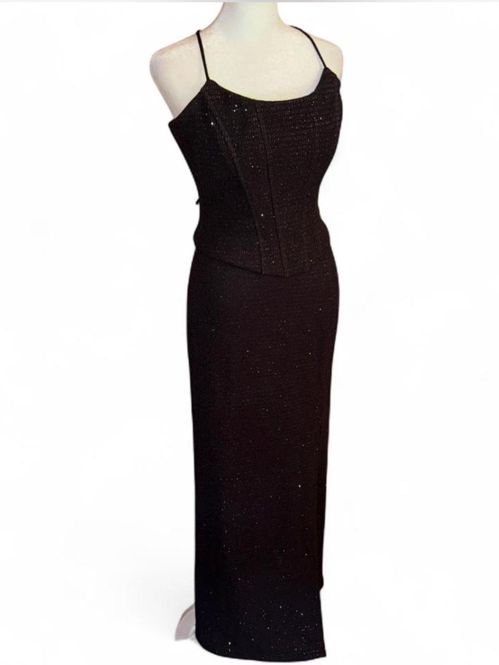 Vintage Black Sparkle Corset Two-Piece Dress with Side Slit